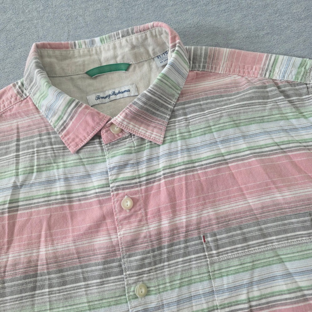 Tommy Bahama Mens XL Short Sleeve Button Down Shirt Striped Pink Green Cotton